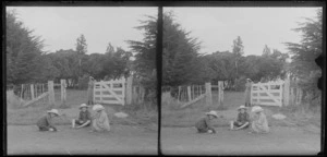 Woman at the gate of a field, in which two boys and a girl are sitting on the grass, Brunswick, Wanganui