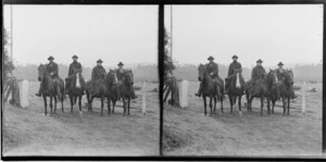 Unidentified men on horseback, Catlins area, Clutha District, Otago Region