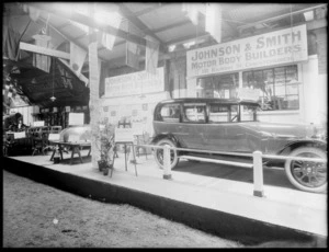Industrial advertising exhibit, Johnson and Smith motor body builders, with a two door saloon car on display