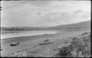 Estuary with small boats on the mudflats, [Pounawea, Catlins?]