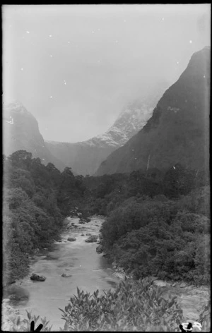 River with mountains in distance, [Fiordland National Park, Southland District?]
