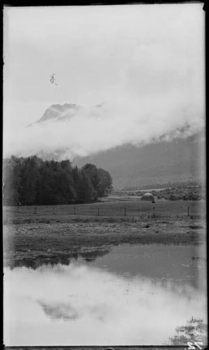 A flooded field, including cows and haystack in distance, Queenstown
