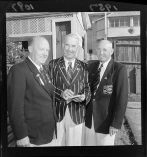 Three unidentified men from the Victoria Bowling Club, Wellington, wearing blazers