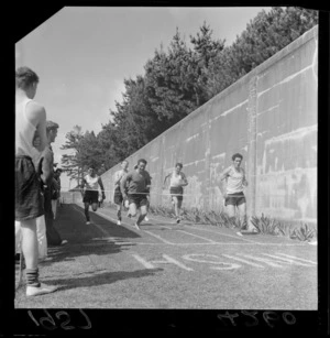 Prison inmates competing in a running race, Mount Crawford Prison, Miramar Peninsula, Wellington