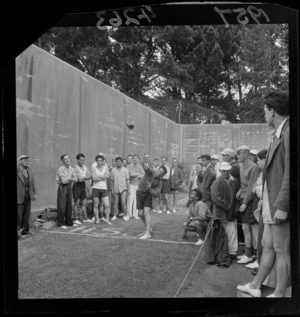 Inmates in a shotput competition at a sports day at Mount Crawford Prison, Miramar Peninsula, Wellington