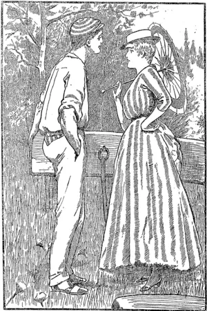 ALL THE SAME,  Betrothed Fair One—"' Eow, row ;' oh !of course ; it's always ' row ' with you." Other Betbothed--" Yes,and after marriage it'll be the same, perhaps, with you; only pronounced differently." (Mataura Ensign, 21 January 1887)