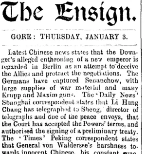 The Ensign GORE: THURSDAY, JANUARY 3. (Mataura Ensign 3-1-1901)