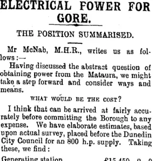 ELECTRICAL POWER FOR GORE. (Mataura Ensign 14-2-1901)