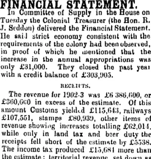 FINANCIAL STATEMENT. (Mataura Ensign 13-8-1903)