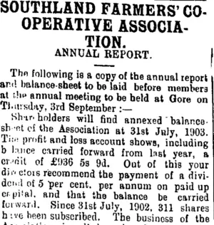 SOUTHLAND FARMERS' COOPERATIVE ASSOCIATION. (Mataura Ensign 22-8-1903)