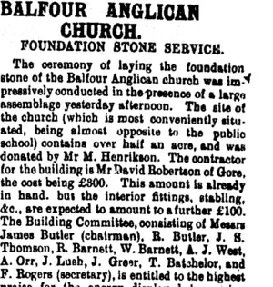 BALFOUR ANGLICAN CHURCH. (Mataura Ensign 12-2-1903)