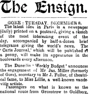 The Ensign. GORE : TUESDAY, DECEMBER 8. (Mataura Ensign 8-12-1903)