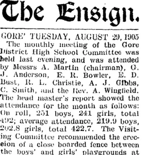 The Ensign. GORE' TUESDAY, AUGUST 29, 1905. (Mataura Ensign 29-8-1905)