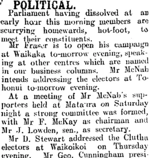 POLITICAL. (Mataura Ensign 31-10-1905)