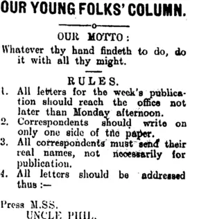 OUR YOUNG FOLKS' COLUMN. (Mataura Ensign 4-10-1906)