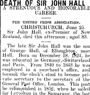 DEATH OF SIR JOHN HALL. (Mataura Ensign 26-6-1907)