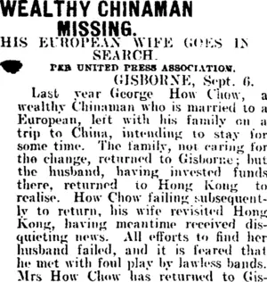 WEALTHY CHINAMAN MISSING. (Mataura Ensign 6-9-1907)