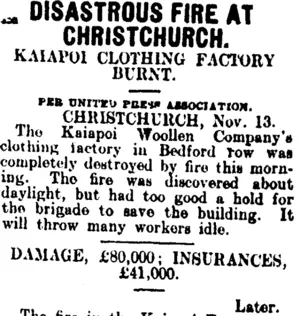 DISASTROUS FIRE AT CHRISTCHURCH. (Mataura Ensign 13-11-1907)