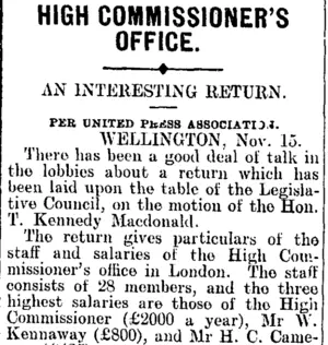HIGH COMMISSIONER'S OFFICE. (Mataura Ensign 16-11-1907)