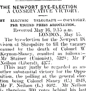 THE NEWPORT BYE-ELECTION. (Mataura Ensign 16-5-1908)