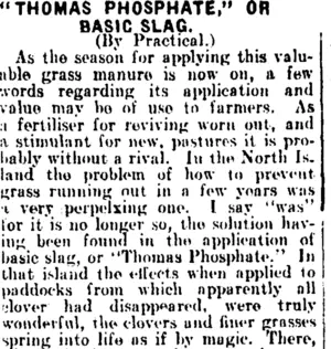 "THOMAS PHOSPHATE," OR BASIC SLAG. (Mataura Ensign 13-6-1908)