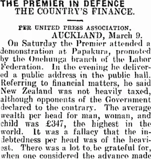 THE PREMIER IN DEFENCE. (Mataura Ensign 10-3-1908)