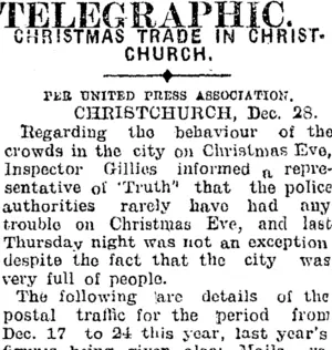 TELEGRAPHIC. (Mataura Ensign 29-12-1908)