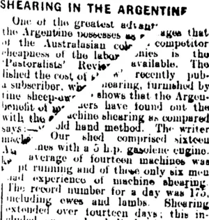 SHEARING IN THE ARGENTINE. (Mataura Ensign 1-4-1909)