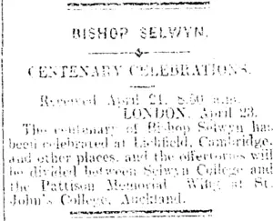 BISHOP SELWYN. (Mataura Ensign 24-4-1909)