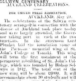 SELWYN CENTENARY. (Mataura Ensign 22-5-1909)