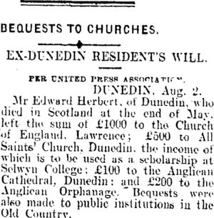 BEQUESTS TO CHURCHES. (Mataura Ensign 2-8-1909)