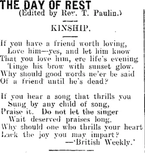 THE DAY OF REST. (Mataura Ensign 27-11-1909)