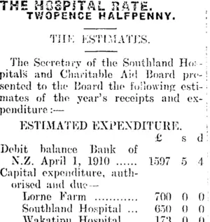 THE HOSPITAL RATE. (Mataura Ensign 16-4-1910)