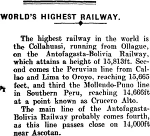 WORLD'S HIGHEST RAILWAY. (Mataura Ensign 22-9-1910)