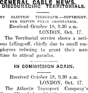 GENERAL CABLE NEWS. (Mataura Ensign 18-10-1910)
