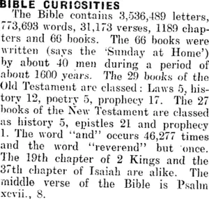 BIBLE CURIOSITIES. (Mataura Ensign 16-12-1910)
