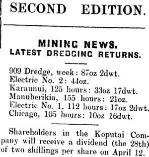 SECOND EDITION. MINING NEWS. (Mataura Ensign 8-4-1911)