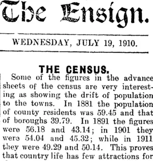 The Ensign. WEDNESDAY, JULY 19, 1910. THE CENSUS. (Mataura Ensign 19-7-1911)