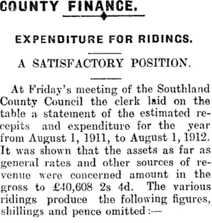 COUNTY FINANCE. (Mataura Ensign 12-8-1911)