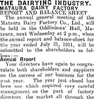 THE DAIRYING INDUSTRY. (Mataura Ensign 26-8-1911)