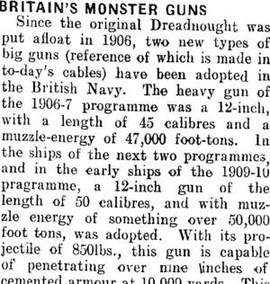 BRITAIN'S MONSTER GUNS. (Mataura Ensign 14-3-1911)