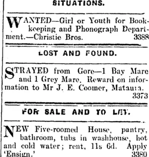 Page 1 Advertisements Column 6 (Mataura Ensign 17-11-1911)