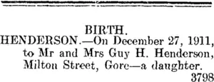 BIRTH. (Mataura Ensign 28-12-1911)