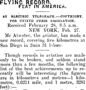 FLYING RECORD. (Mataura Ensign 28-2-1912)
