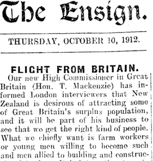 The Ensign. THURSDAY, OCTOBER 10, 1912. FLIGHT FROM BRITAIN. (Mataura Ensign 10-10-1912)
