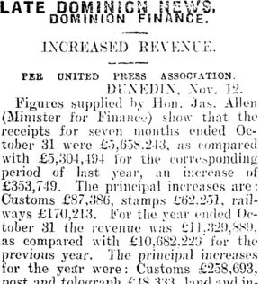 LATE DOMINION NEWS. (Mataura Ensign 13-11-1912)