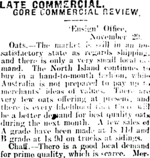 LATE COMMERCIAL. (Mataura Ensign 29-11-1912)