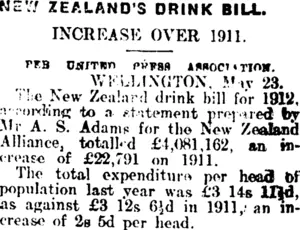 NEW ZEALAND'S DRINK BILL. (Mataura Ensign 24-5-1913)