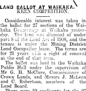 LAND BALLOT AT WAIKAKA. (Mataura Ensign 6-8-1913)