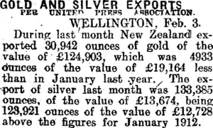 COLD AND SILVER EXPORTS (Mataura Ensign 3-2-1913)